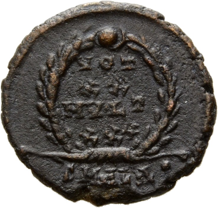 RIC VIII Alexandria 36 Constantius II reverse — VOT/XX/MVLT/XXX within a wreath