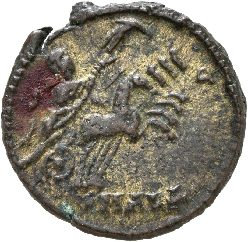 RIC VIII Alexandria 4 Constantius II reverse, Constantine I, veiled, draped, riding right in quadriga; Hand of God reaches...