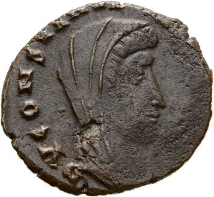 RIC VIII Alexandria 41 Constantius II obverse, Head of Constantine I, veiled, right