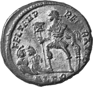 RIC VIII Alexandria 55 Constantius II reverse, Constantius II, draped, cuirassed, standing left, holding standard in right...