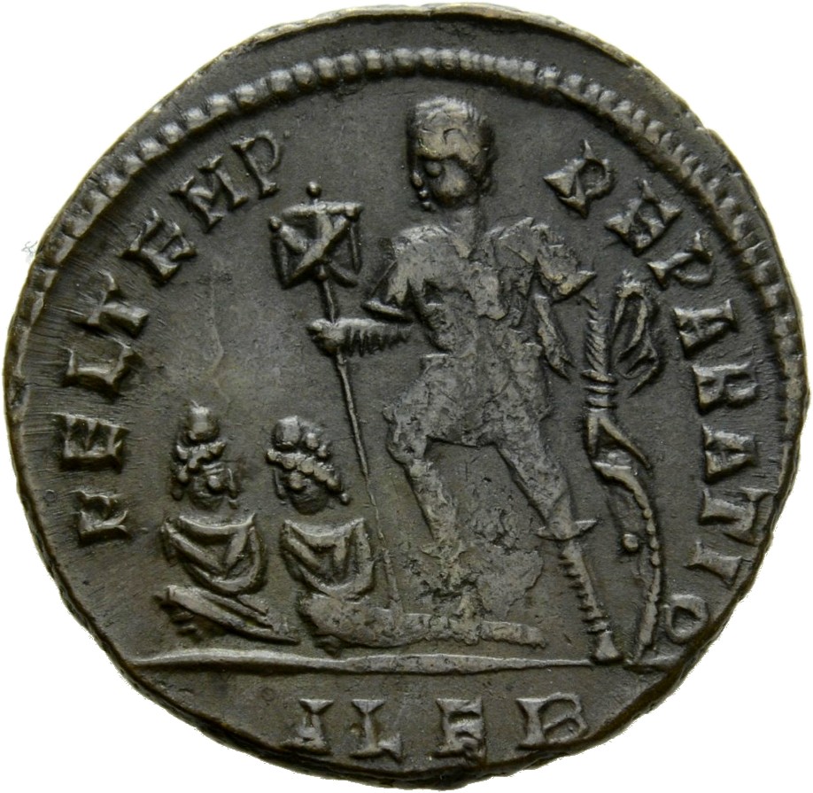 RIC VIII Alexandria 56 Constantius II reverse, Constans, draped, cuirassed, standing left, holding standard in right hand ...