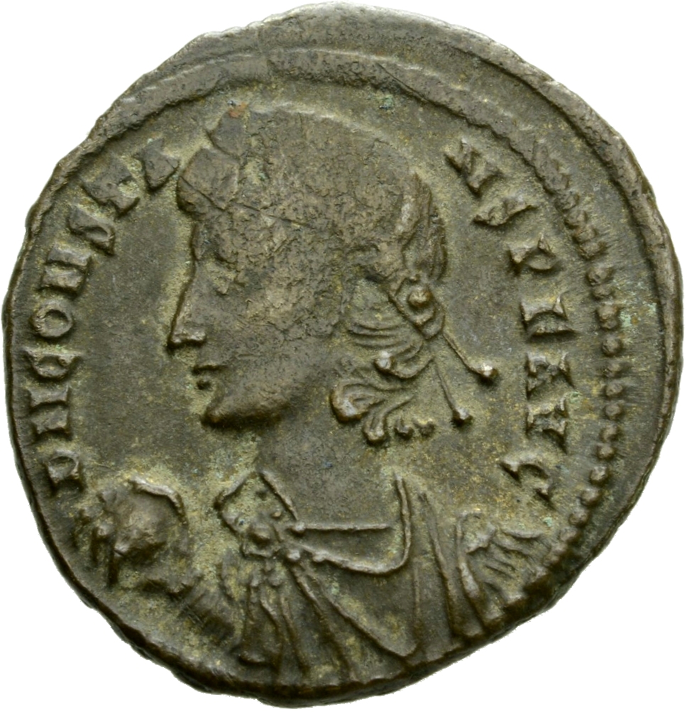 RIC VIII Alexandria 56 Constantius II obverse, Bust of Constans, pearl-diademed, draped, cuirassed, left, holding globe in...