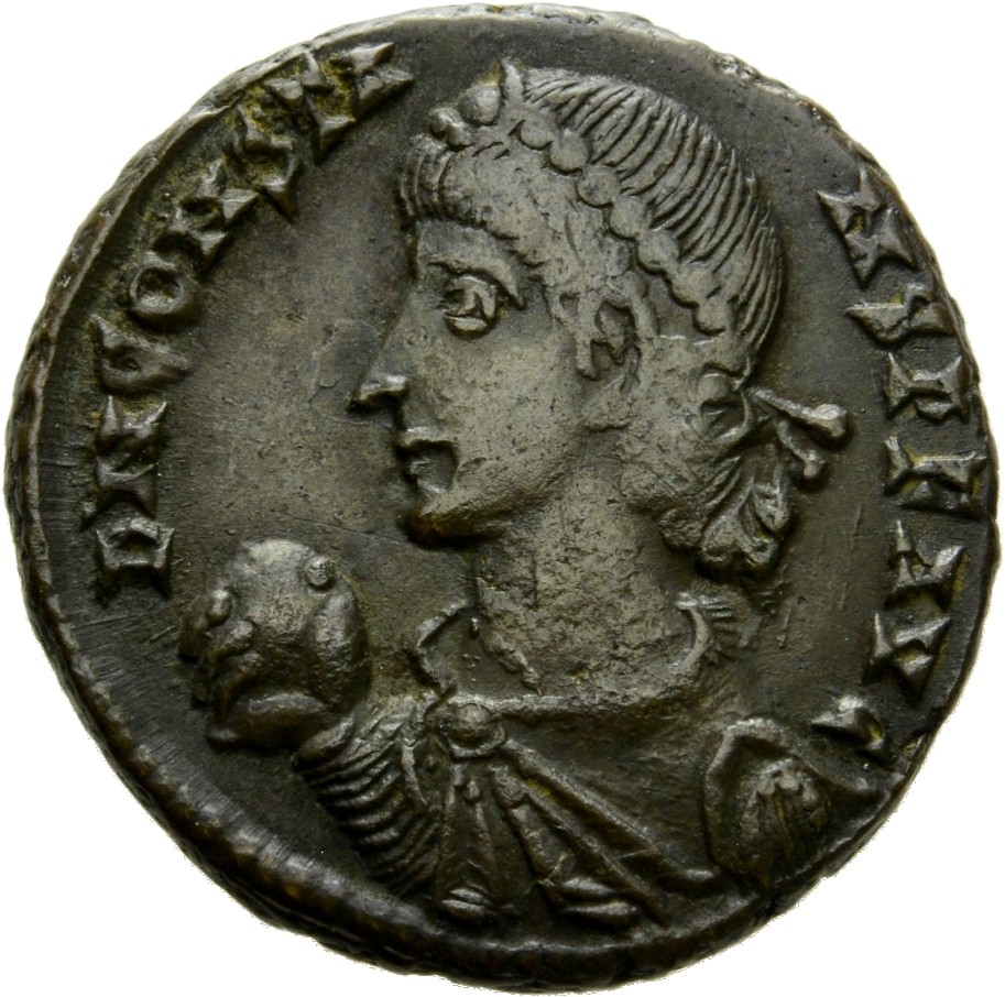 RIC VIII Alexandria 56 Constantius II obverse — Bust of Constans, pearl-diademed, draped, cuirassed, left, holding globe i...