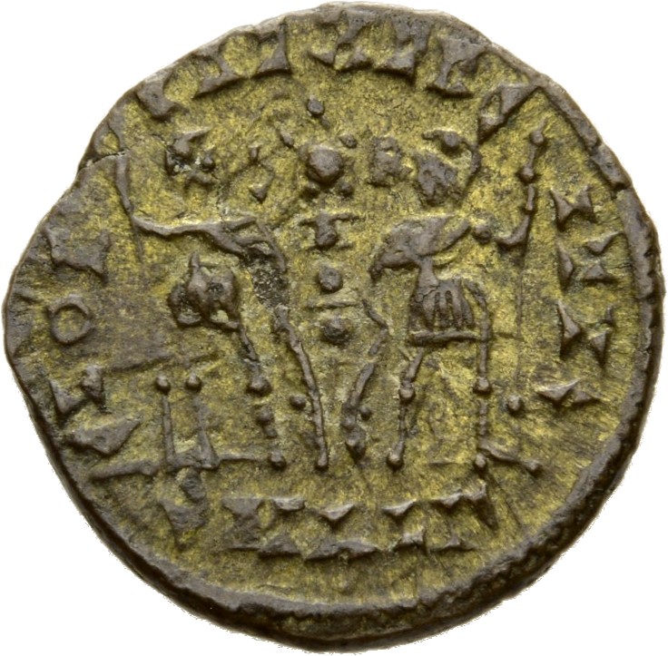 RIC VIII Alexandria 6 Constantius II reverse, Two soldiers, helmeted, draped, cuirassed, facing front, heads toward each o...