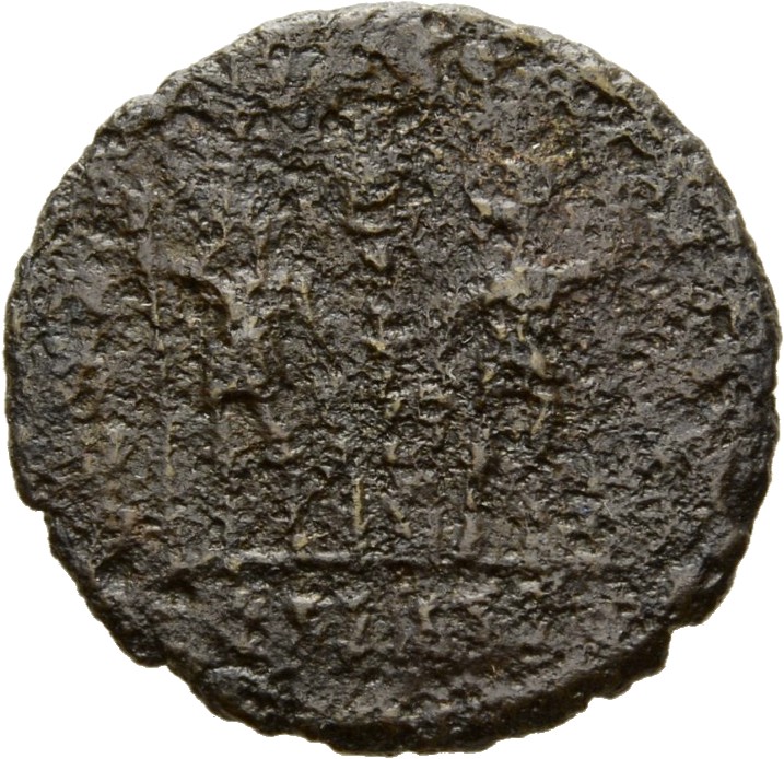RIC VIII Alexandria 7 Constantius II reverse, Two soldiers, helmeted, draped, cuirassed, facing front, heads toward each o...