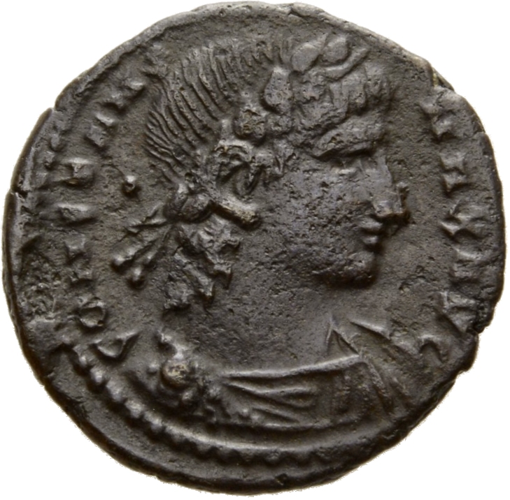 RIC VIII Alexandria 7 Constantius II obverse — Bust of Constans II, laureate, draped, cuirassed, right