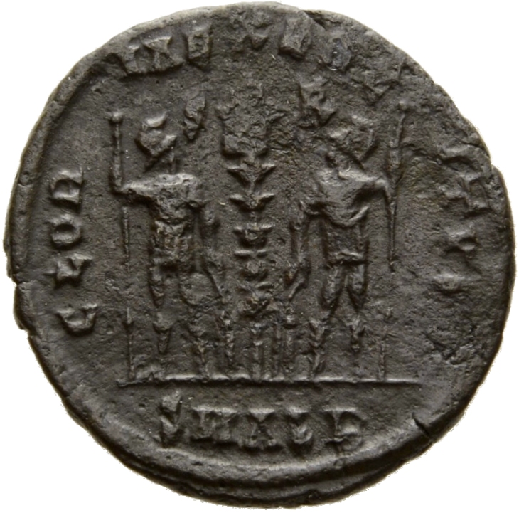 RIC VIII Alexandria 7 Constantius II reverse — Two soldiers, helmeted, draped, cuirassed, facing front, heads toward each ...