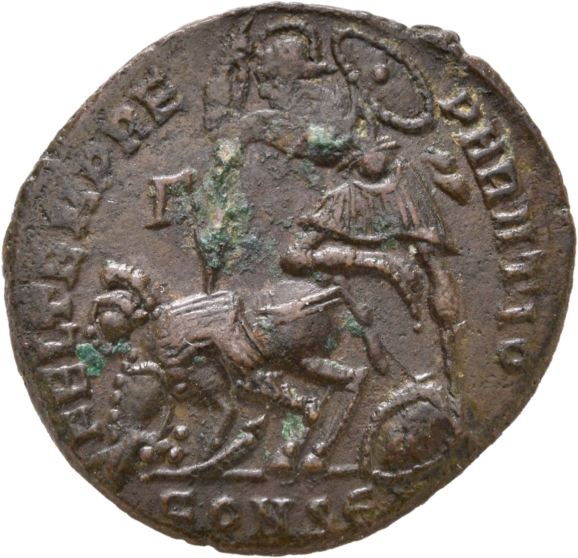 RIC VIII Alexandria 72 Constantius II reverse, Soldier, helmeted, draped, cuirassed, advancing left, spearing fallen horse...