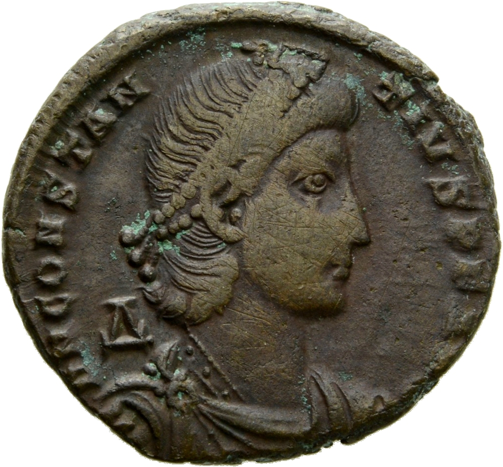 RIC VIII Alexandria 75 Constantius II obverse, Bust of Constantius II, pearl-diademed, draped, cuirassed, right; Δ behind ...