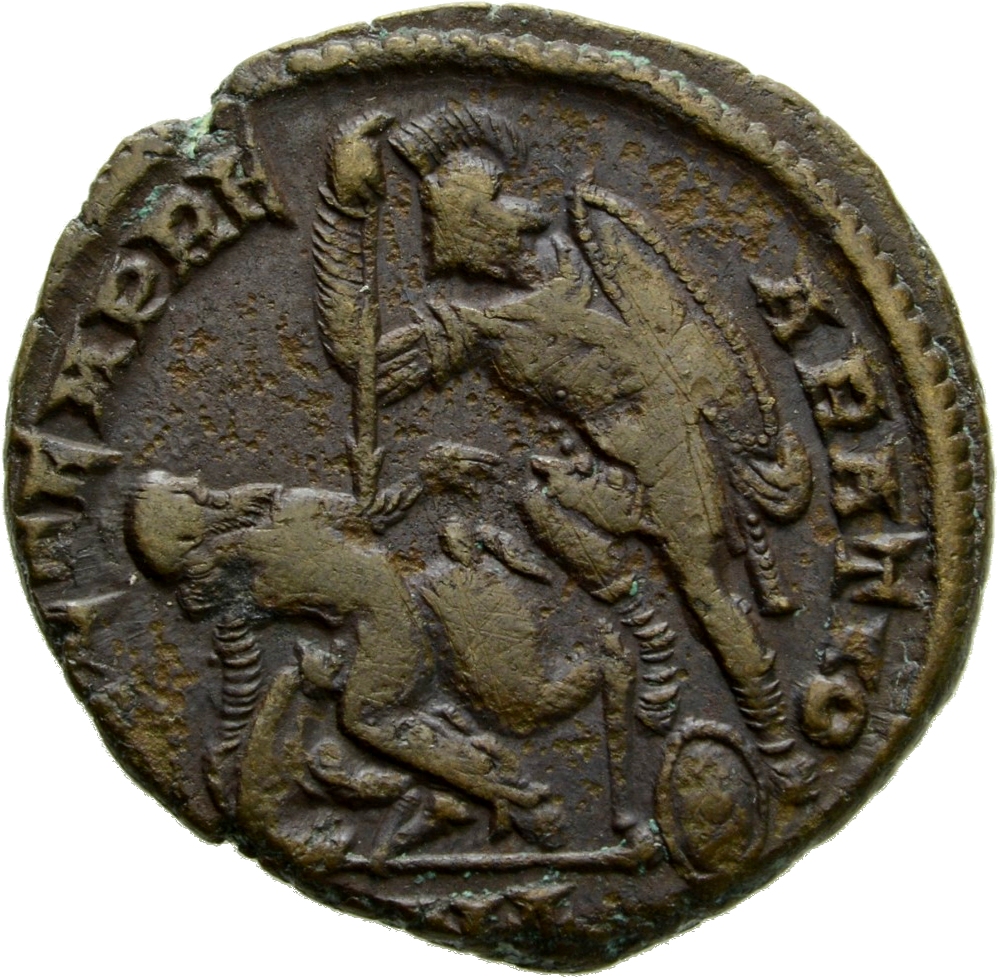 RIC VIII Alexandria 75 Constantius II reverse, Soldier, helmeted, draped, cuirassed, advancing left, spearing fallen horse...