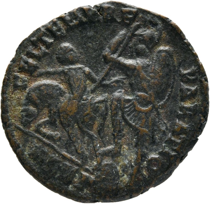 RIC VIII Alexandria 75 Constantius II reverse — Soldier, helmeted, draped, cuirassed, advancing left, spearing fallen hors...