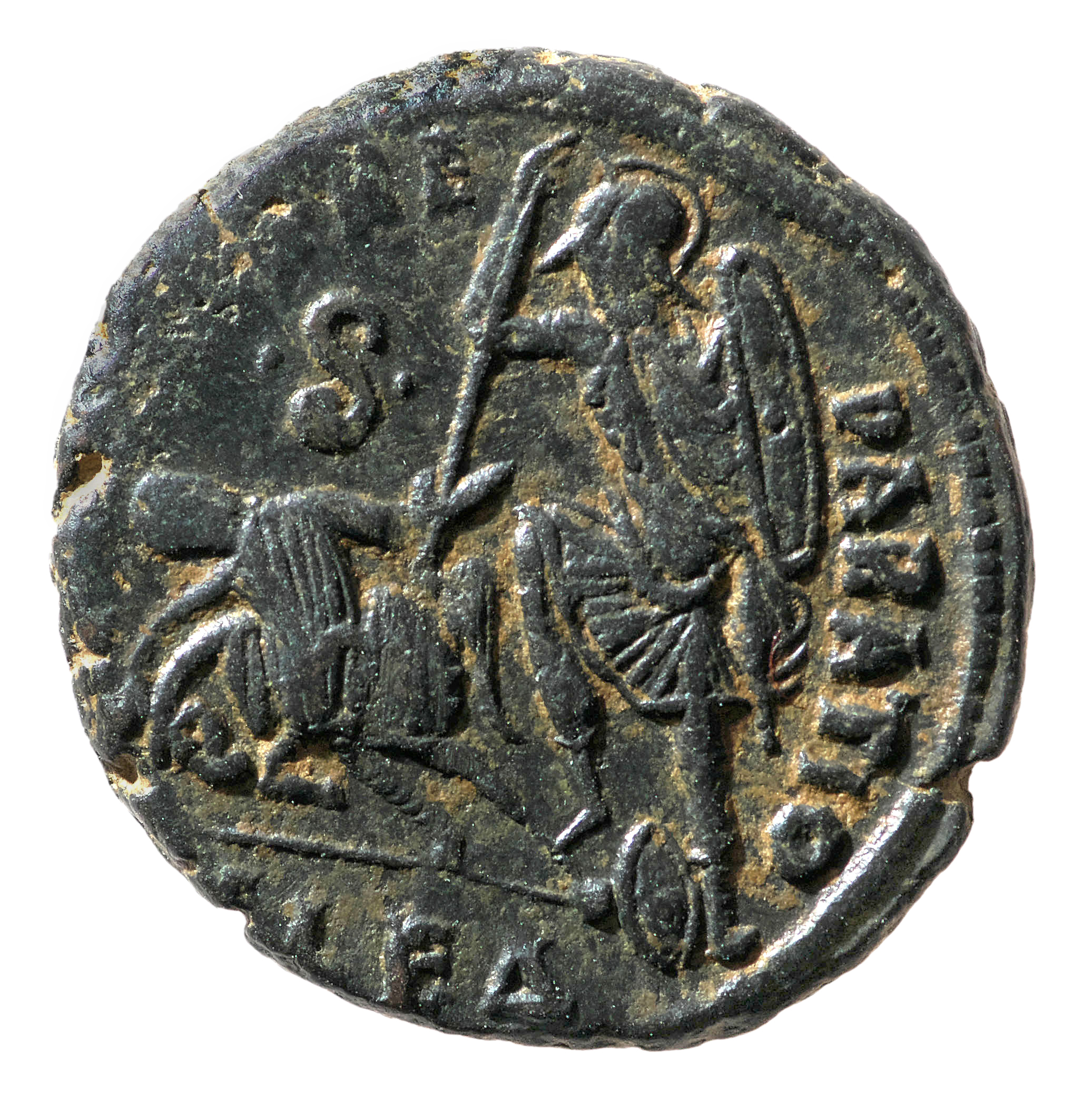RIC VIII Alexandria 79 Constantius II reverse, Soldier, helmeted, draped, cuirassed, advancing left, spearing fallen horse...