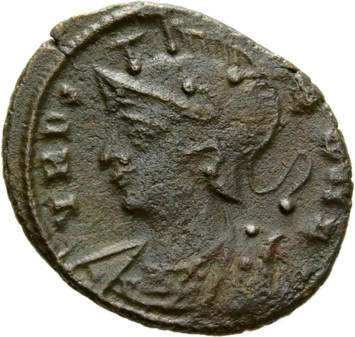 RIC VIII Alexandria 8 Constantius II obverse, Bust of Roma, visored with crested helmet, wearing ornamental mantle, left