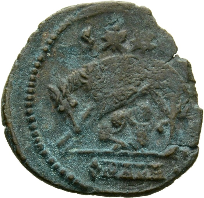 RIC VIII Alexandria 8 Constantius II reverse, Wolf, standing left, suckling Romulus and Remus; above, two stars