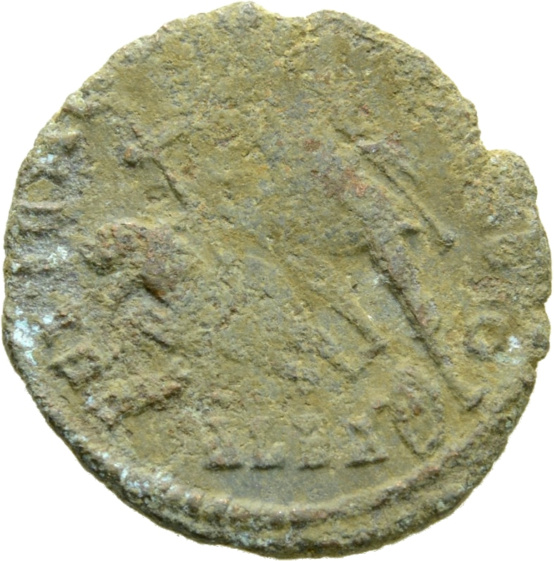 RIC VIII Alexandria 80 Constantius II reverse — Soldier, helmeted, draped, cuirassed, advancing left, spearing fallen hors...