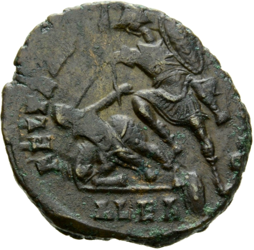 RIC VIII Alexandria 81 Constantius II reverse, Soldier, helmeted, draped, cuirassed, advancing left, spearing fallen horse...