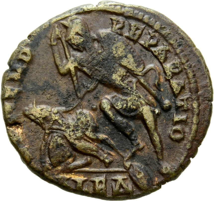 RIC VIII Alexandria 81 Constantius II reverse — Soldier, helmeted, draped, cuirassed, advancing left, spearing fallen hors...