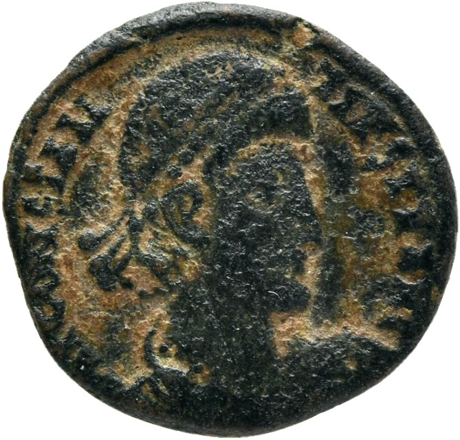 RIC VIII Alexandria 84 Constantius II obverse, Bust of Constantius II, pearl-diademed, draped, cuirassed, right