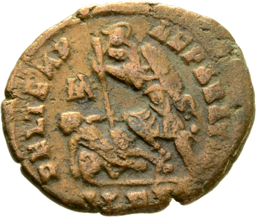 RIC VIII Alexandria 84 Constantius II reverse, Soldier, helmeted, draped, cuirassed, advancing left, spearing fallen horse...