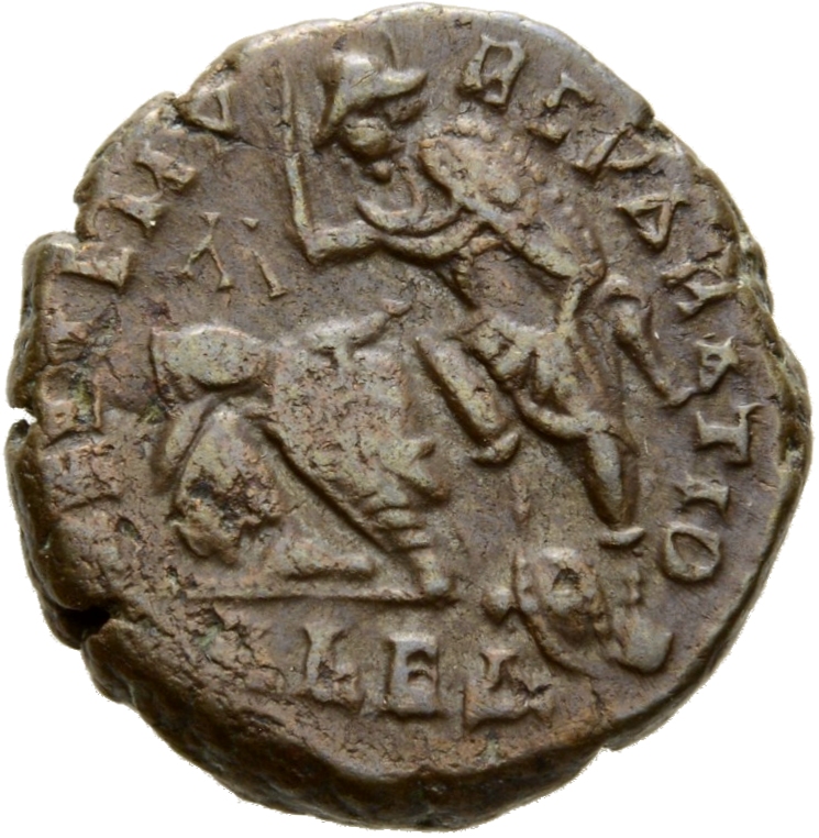 RIC VIII Alexandria 85 Constantius II reverse, Soldier, helmeted, draped, cuirassed, advancing left, spearing fallen horse...