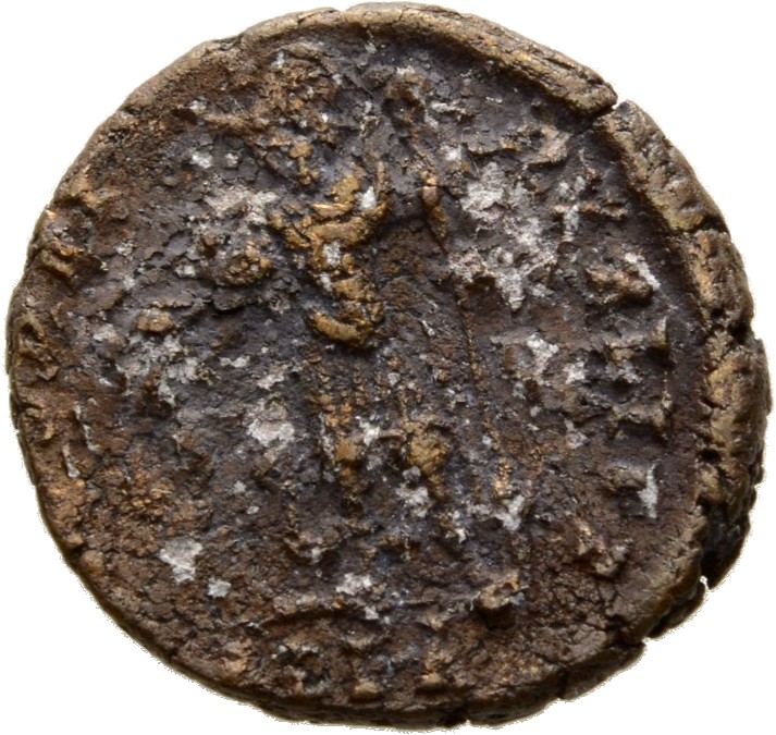 RIC VIII Alexandria 87 Constantius II reverse — Constantius II, helmeted, draped, cuirassed, standing left, holding globe ...