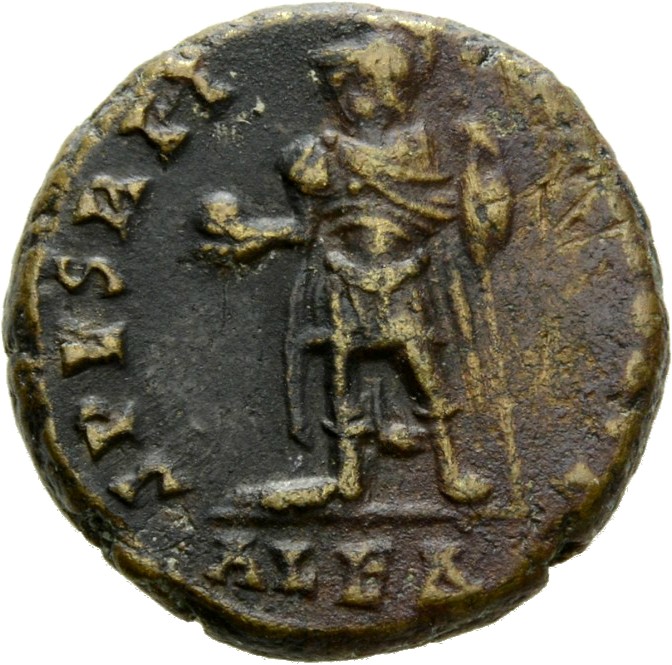 RIC VIII Alexandria 88 Constantius II reverse, Julian, helmeted, draped, cuirassed, standing left, holding globe in right ...