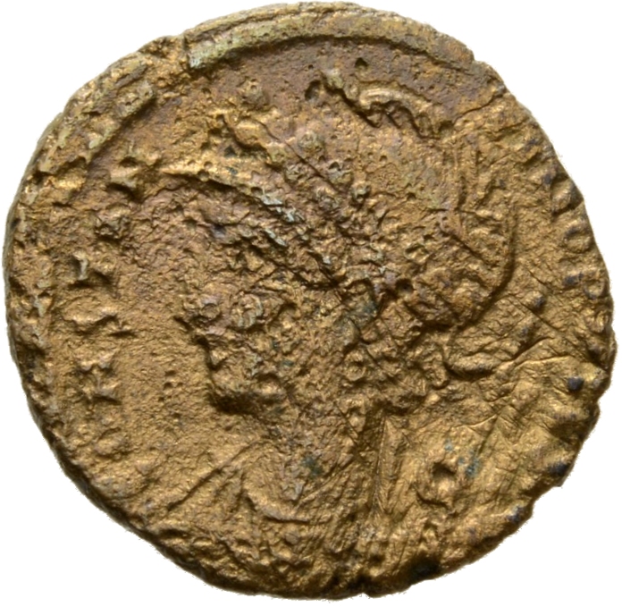 RIC VIII Alexandria 9 Constantius II obverse, Bust of Constantinopolis, laureate with crested helmet, wearing ornamental m...