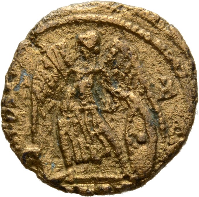 RIC VIII Alexandria 9 Constantius II reverse, Victory, winged, draped, standing left, right foot on prow, holding transver...