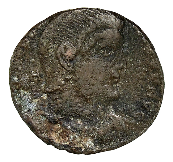 RIC VIII Amiens 23 Magnentius obverse, Bust of Magnentius, bareheaded, draped, cuirassed, right; A behind bust