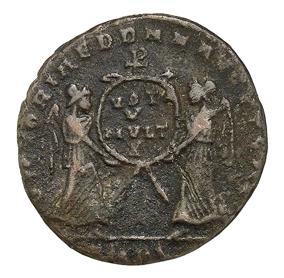 RIC VIII Amiens 23 Magnentius reverse, Two Victories, winged, draped, facing each other, holding between them a wreath ins...