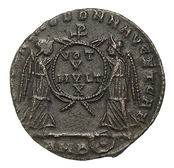 RIC VIII Amiens 25 Magnentius reverse, Two Victories, winged, draped, facing each other, holding between them a wreath ins...