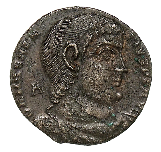 RIC VIII Amiens 25 Magnentius obverse, Bust of Magnentius, bareheaded, draped, cuirassed, right; A behind bust