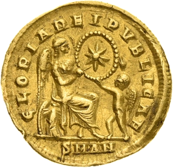 RIC VIII Antioch 101 Constantius II reverse, Victory, winged, draped, seated right on cuirass, supporting a shield inscrib...