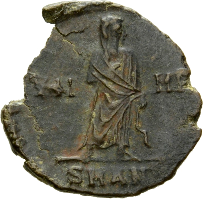 RIC VIII Antioch 112 Constantius II reverse, Constantine I, veiled, draped, standing right, raising left hand