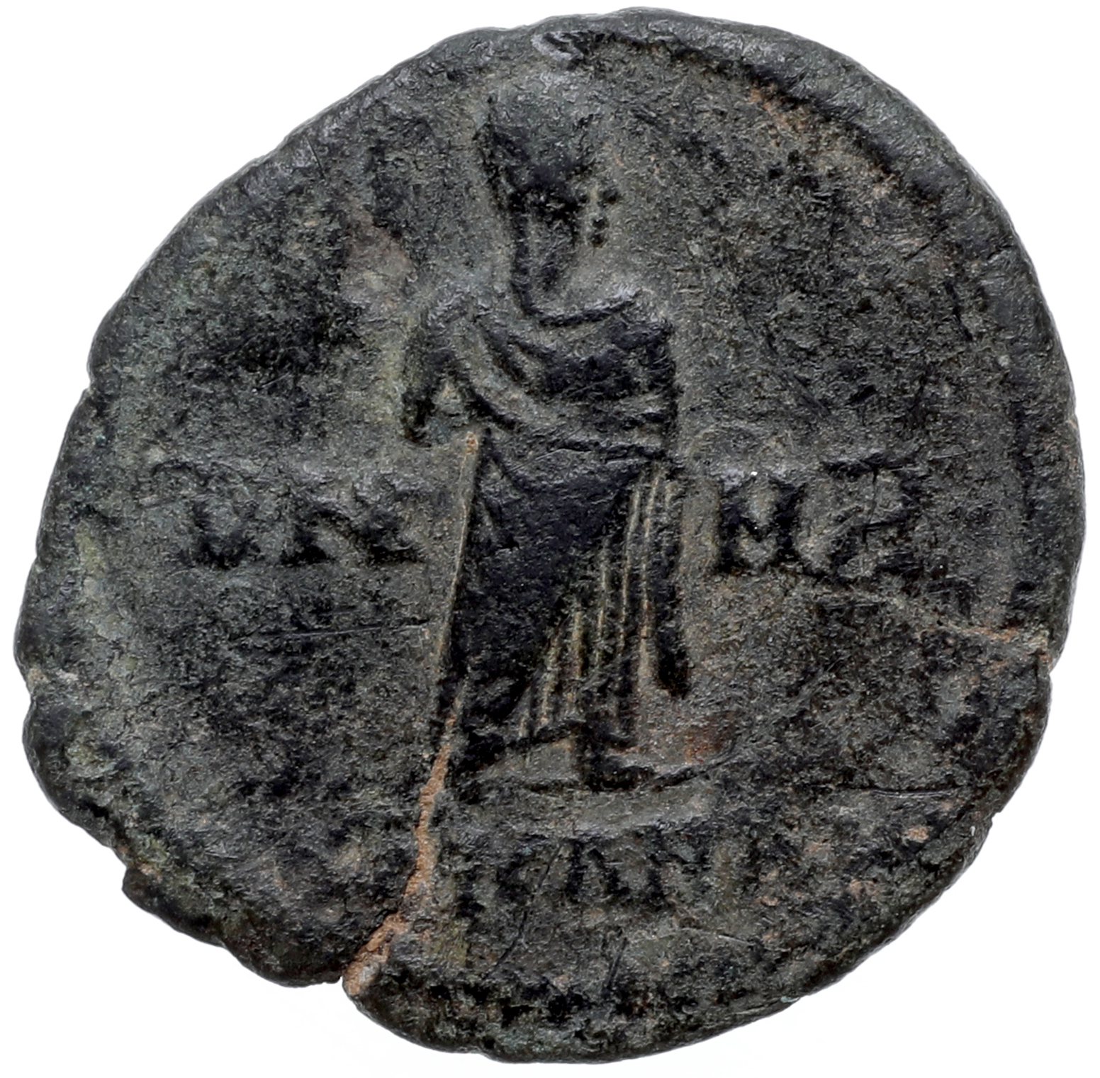 RIC VIII Antioch 112 Constantius II reverse — Constantine I, veiled, draped, standing right, raising left hand