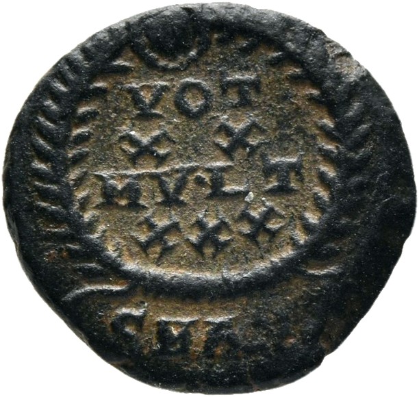 RIC VIII Antioch 113 Constantius II reverse — VOT/XX/MVLT/XXX within a wreath