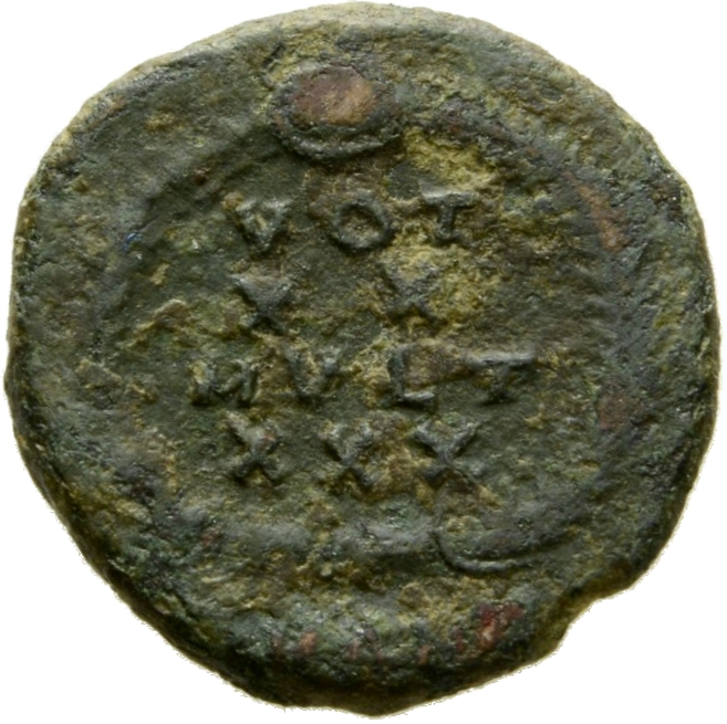 RIC VIII Antioch 115 Constantius II reverse — VOT/XX/MVLT/XXX within a wreath