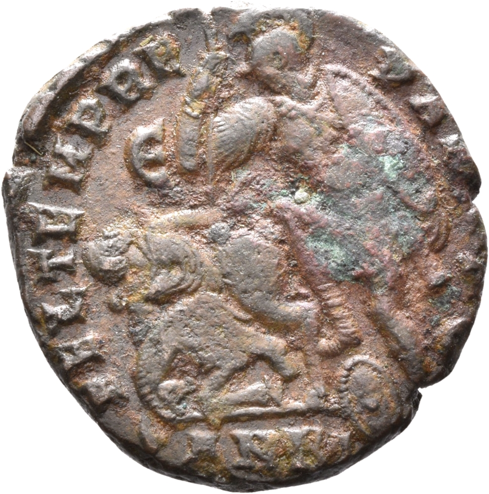 RIC VIII Antioch 146 Constantius II reverse, Soldier, helmeted, draped, cuirassed, advancing left, spearing fallen horsema...