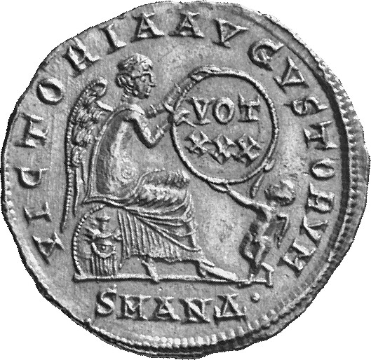 RIC VIII Antioch 15 Constantius II reverse, Victory, winged, draped, seated right on cuirass, supporting a shield inscribe...