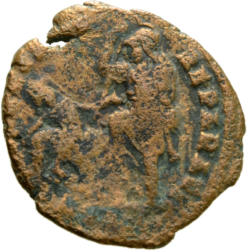 RIC VIII Antioch 154 Constantius II reverse, Soldier, helmeted, draped, cuirassed, advancing left, spearing fallen horsema...