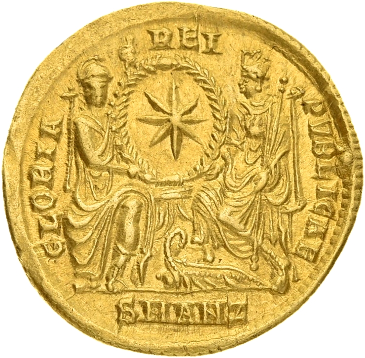 RIC VIII Antioch 167 Constantius II reverse, Roma, helmeted, draped, enthroned front, and Constantinopolis, draped, enthro...