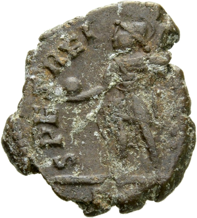 RIC VIII Antioch 193 Constantius II reverse, Constantius II, helmeted, draped, cuirassed, standing left, holding globe in ...