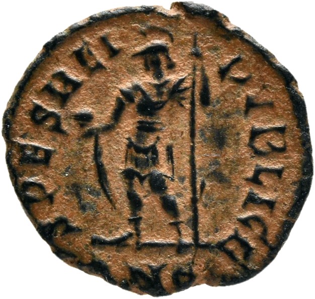 RIC VIII Antioch 193 Constantius II reverse, Constantius II, helmeted, draped, cuirassed, standing left, holding globe in ...