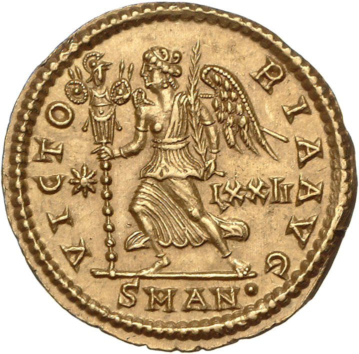 RIC VIII Antioch 3 Constantius II reverse, Victory, winged, draped, hastening left, holding trophy in right hand and palm ...