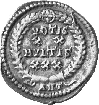 RIC VIII Antioch 36 Constantius II reverse, VOTIS/XV/MVLTIS/XXX within a wreath