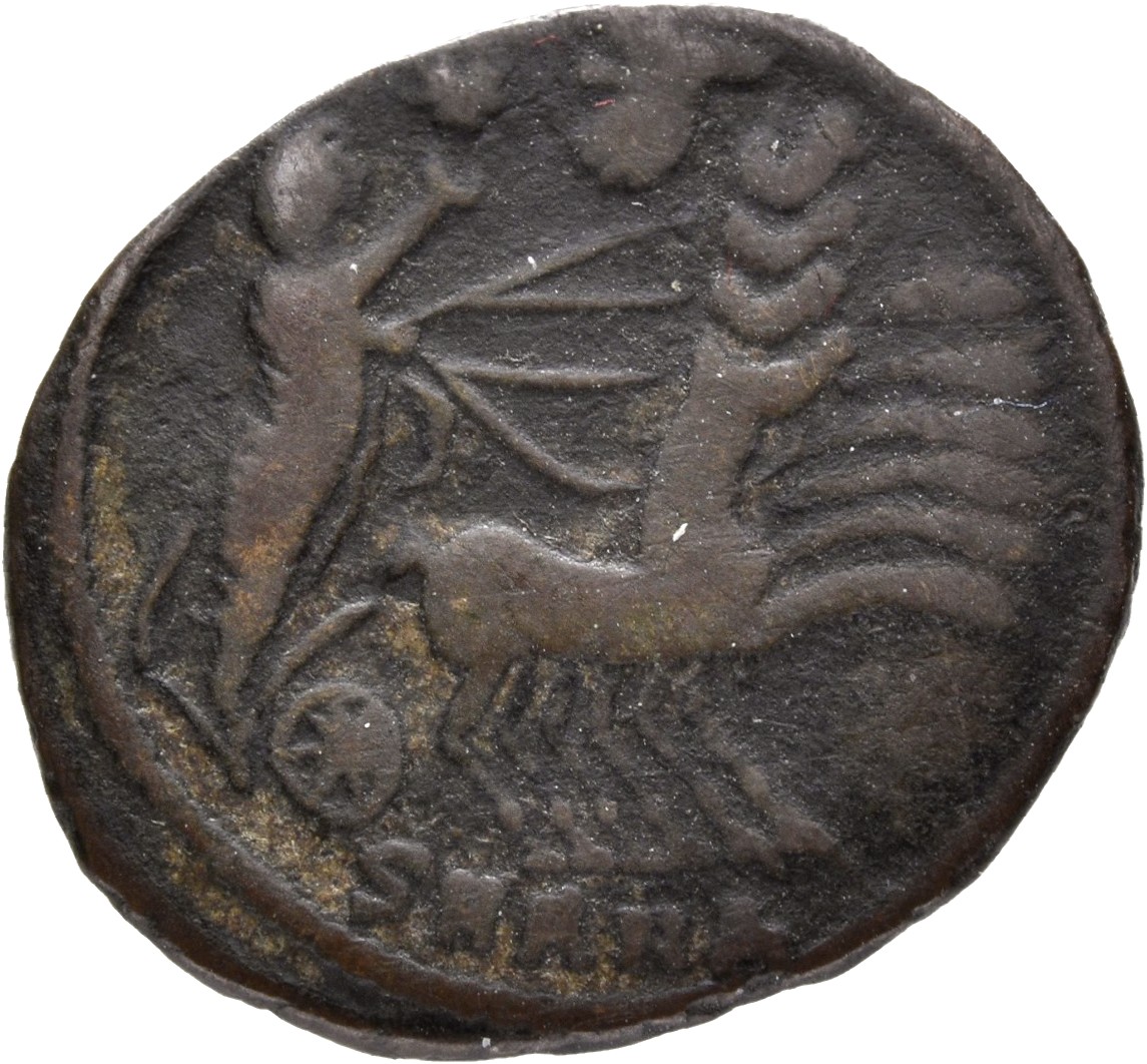 RIC VIII Antioch 37 Constantius II reverse, Constantine I, veiled, draped, riding right in quadriga; Hand of God reaches d...