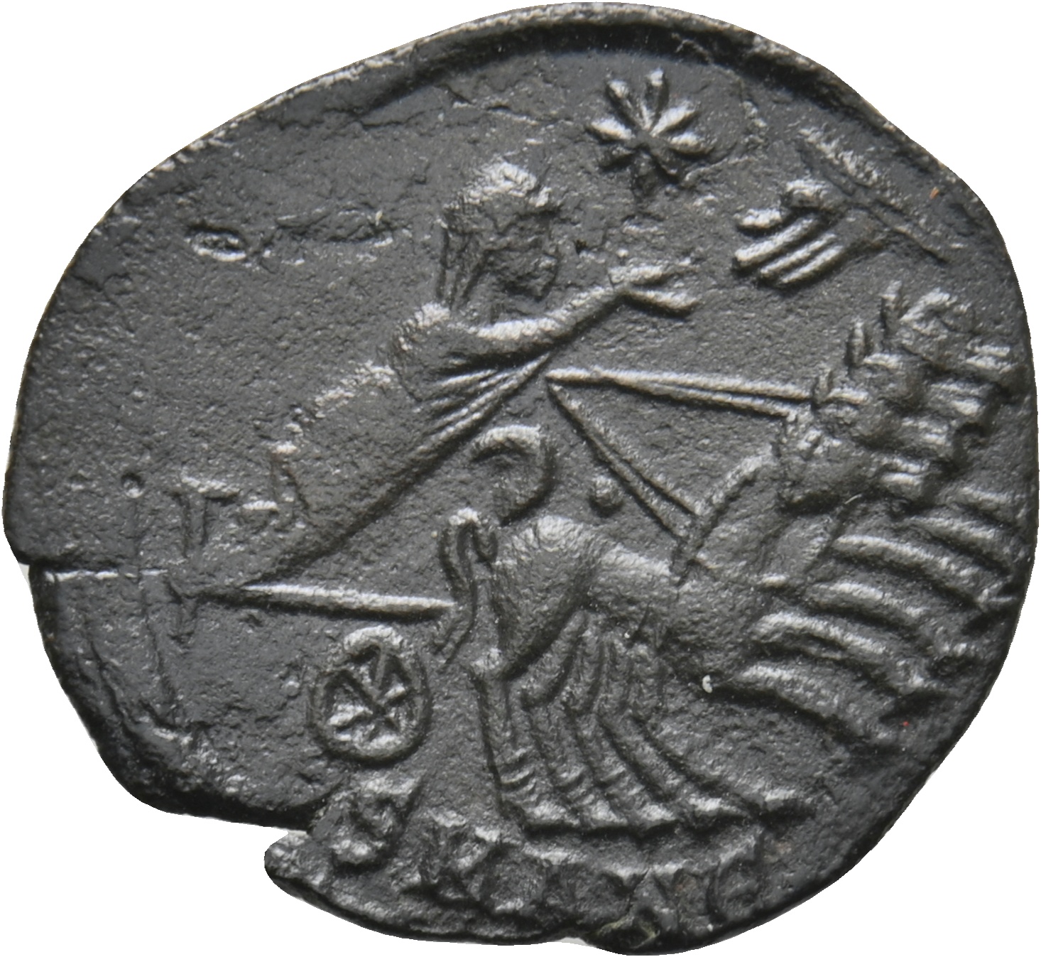 RIC VIII Antioch 37 Constantius II reverse, Constantine I, veiled, draped, riding right in quadriga; Hand of God reaches d...