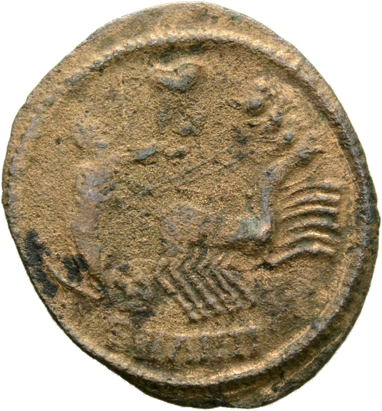 RIC VIII Antioch 39 Constantius II reverse, Constantine I, veiled, draped, riding right in quadriga; Hand of God reaches d...