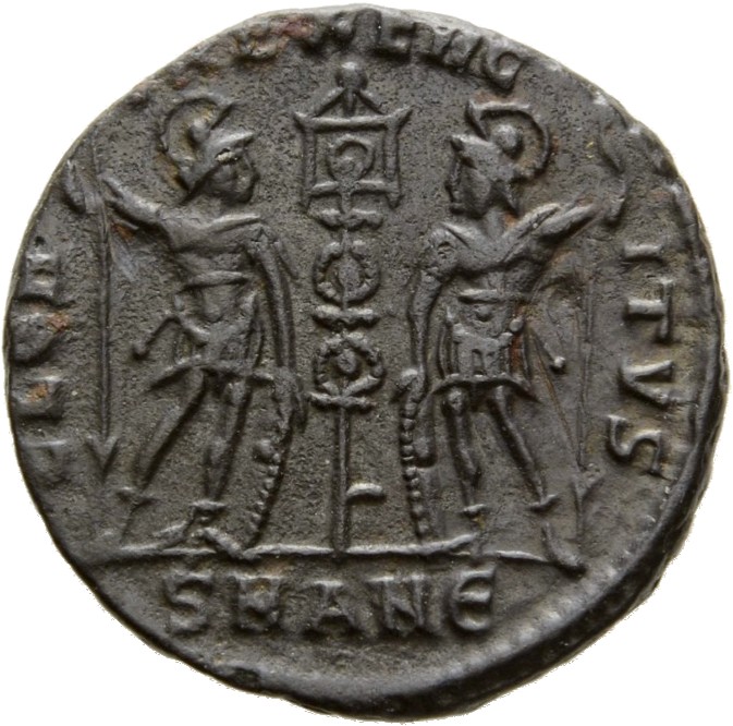 RIC VIII Antioch 41 Constantius II reverse, Two soldiers, helmeted, draped, cuirassed, facing front, heads toward each oth...