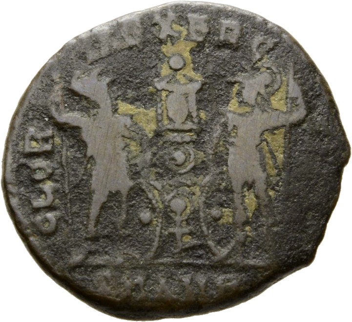 RIC VIII Antioch 44 Constantius II reverse, Two soldiers, helmeted, draped, cuirassed, facing front, heads toward each oth...